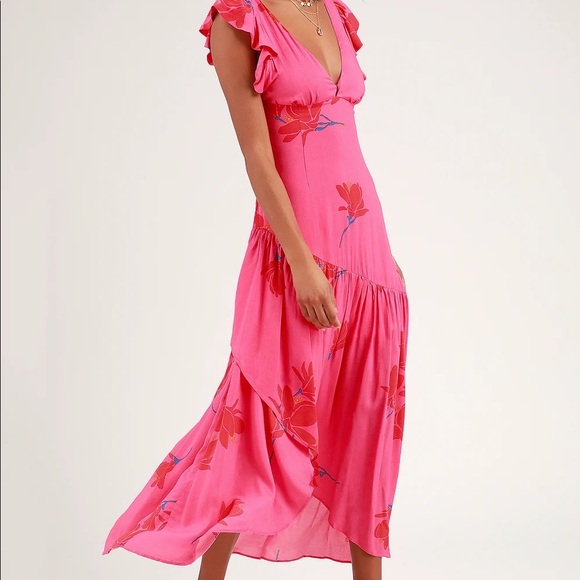 She’s a Waterfall Hot Pink Floral Print Ruffled Maxi Dress